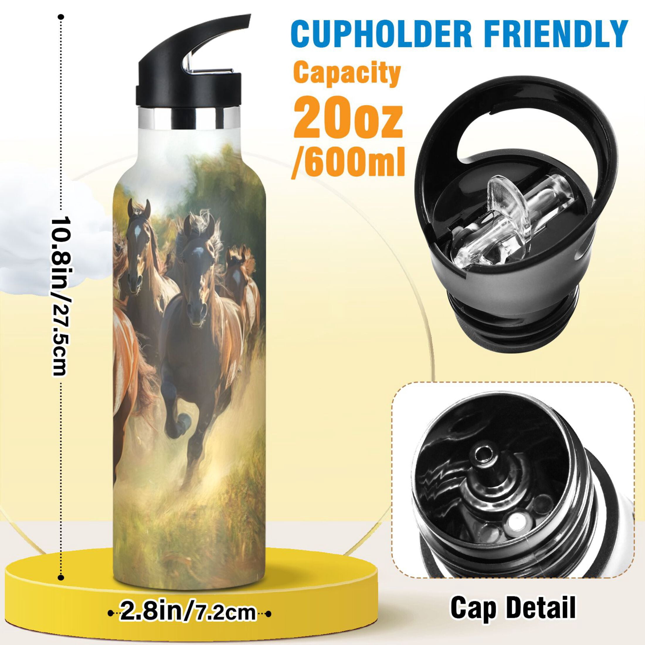 600ML Stainless Steel Insulated Cup Sports Water Bottle Portable Thermos Cup Water Glasses Insulated Tumblers Convenient and Durable Galloping Steeds