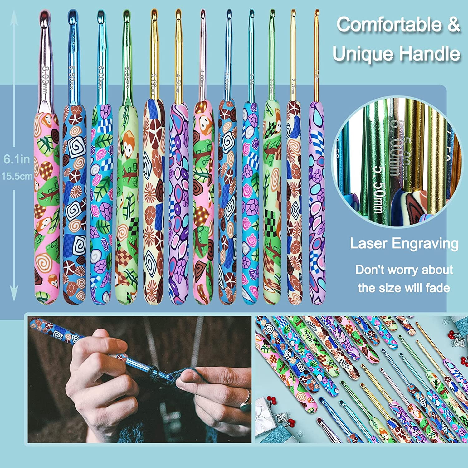 SONGAUN Coopay Complete Crochet Hooks Set for Beginners, 2.25mm-8mm Crochet Hook, Ergonomic Crochet Hooks for Arthritic Hands, Cute Animal Print Comfort Grip, Crochet Needles