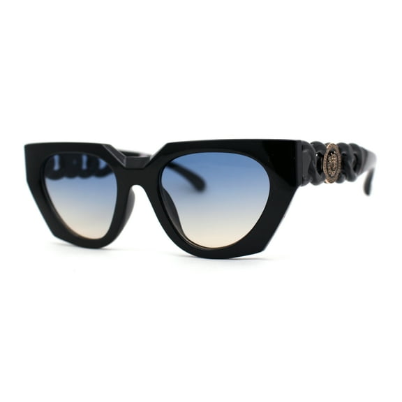 Thick Chain Arm Squared Thick Plastic Cat Eye Plastic Sunglasses Black Blue Brown