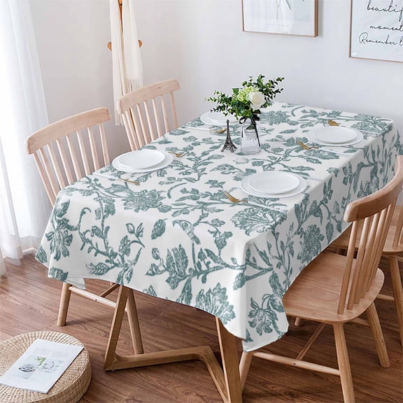 Teal Blue Green Tablecloth Rectangle Table Cloth 52x70 , Waterproof Tablecloth Outdoor Table Cloth, Vintage Farmhouse Boho Flower Leaf Washable Table Cover for Kitchen Dining Party