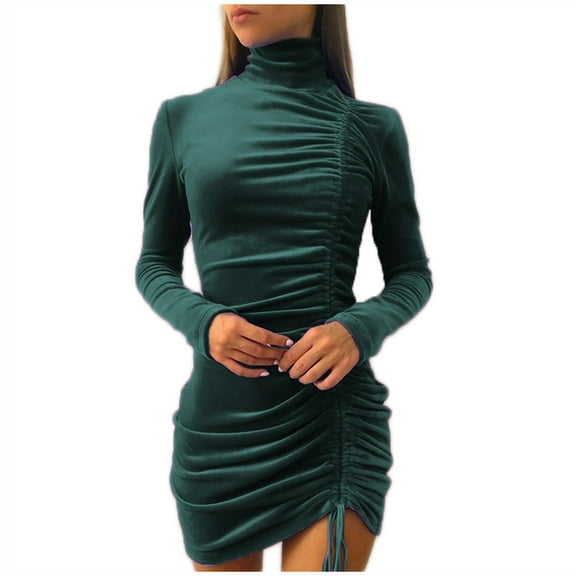 Lilgiuy Discount Women Velvet Bodycon Tight Mini Dress Turtleneck Dress Ruched Side Drawstring Dress Elegant Knee Dress Clubwear