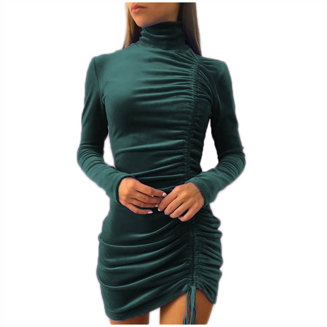Femmes Col Roulé Automne Dresses Froncé Cordon à Manches Longues Wrap Robe Décontractée Slim Fit Mini Soirée Club Robe
