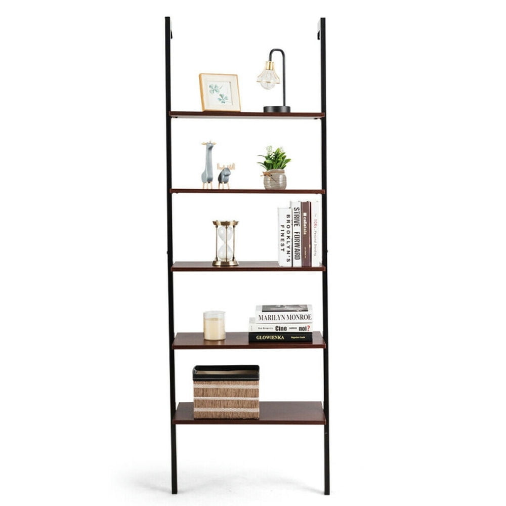 Demi Bonn 5-Tier Wood Look Ladder Shelf with Metal Frame for Home, Multipurpose Open Bookshelf, Brown