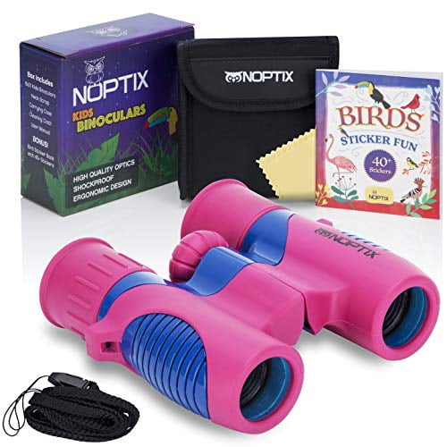 Kids Binoculars girls or boys Real Binoculars in vibrant Pink and Blue - for ages 3 to 14 - includes Sticker Book of 40 Birds with species names