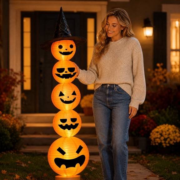 Halloween Stacked Pumpkin Light, LED Paper Pumpkin Lantern with Witch Hat for Front Porch Tabletop and Party Decor