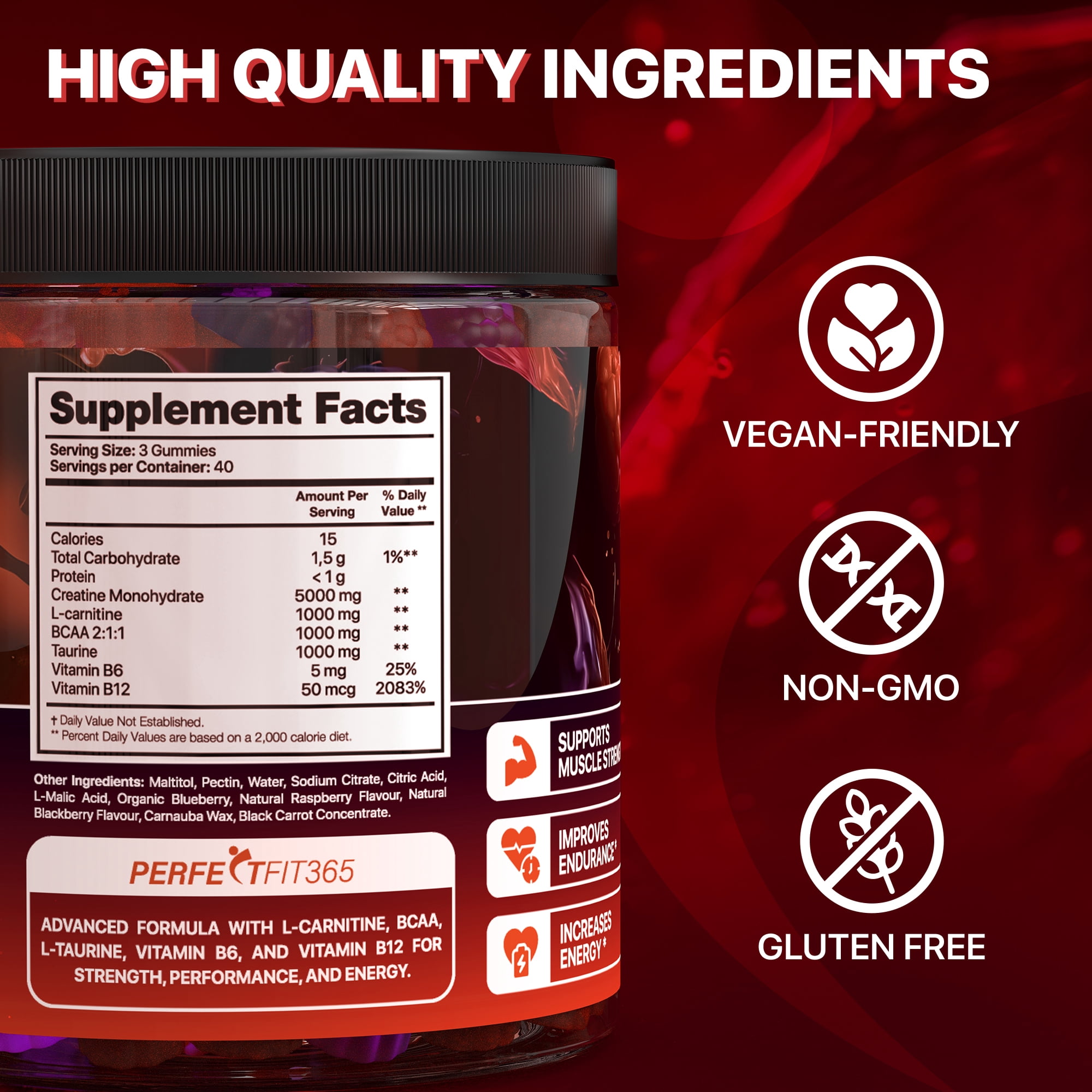 Creatine Monohydrate Gummies for Men and Women, Sugar-Free, Vegan, Blueberry Flavor, 120 Count