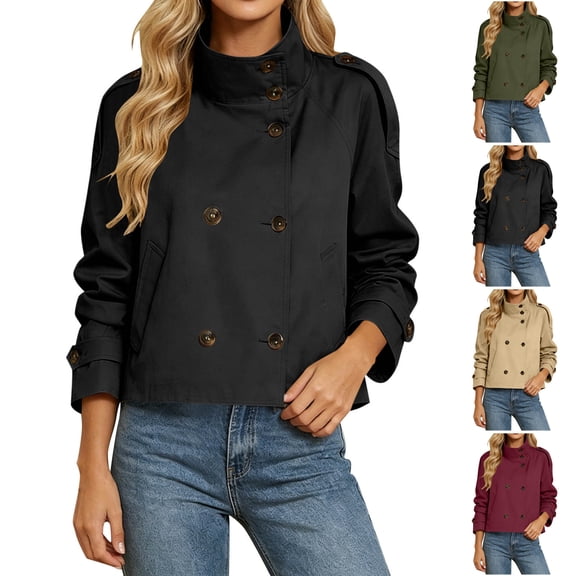TGSLY Women's Fall High Collar Trench Coat Lightweight Double Breasted Short Jacket with Pockets Casual Solid Color Tab Cuff Long Sleeve Coat with Belt L