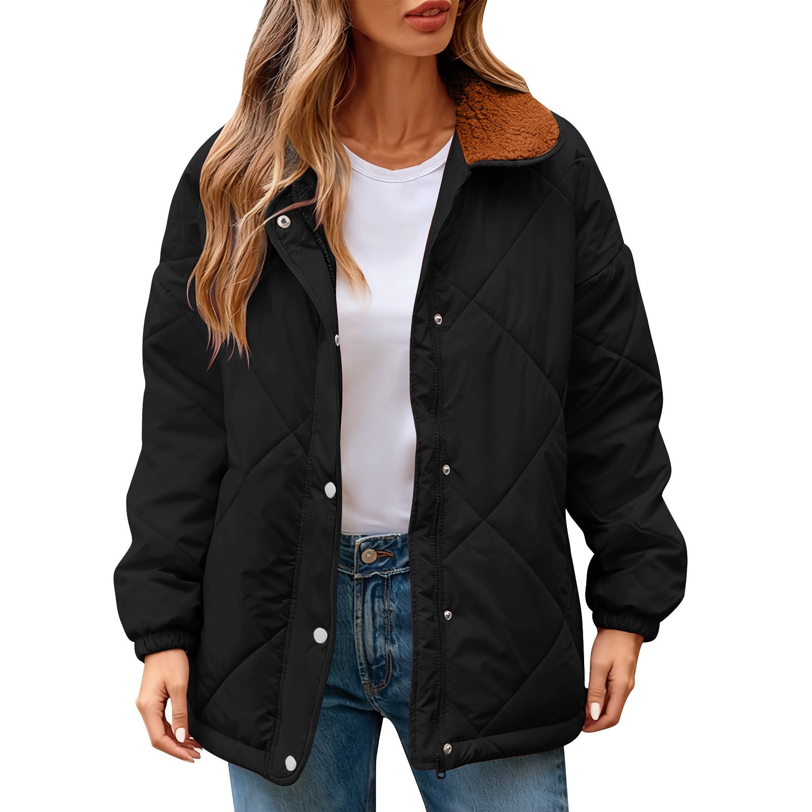 Nfurl Quilted Jackets for Women Zip up Barn Jackets Long Sleeve Winter Outerwear Coats Black XXL