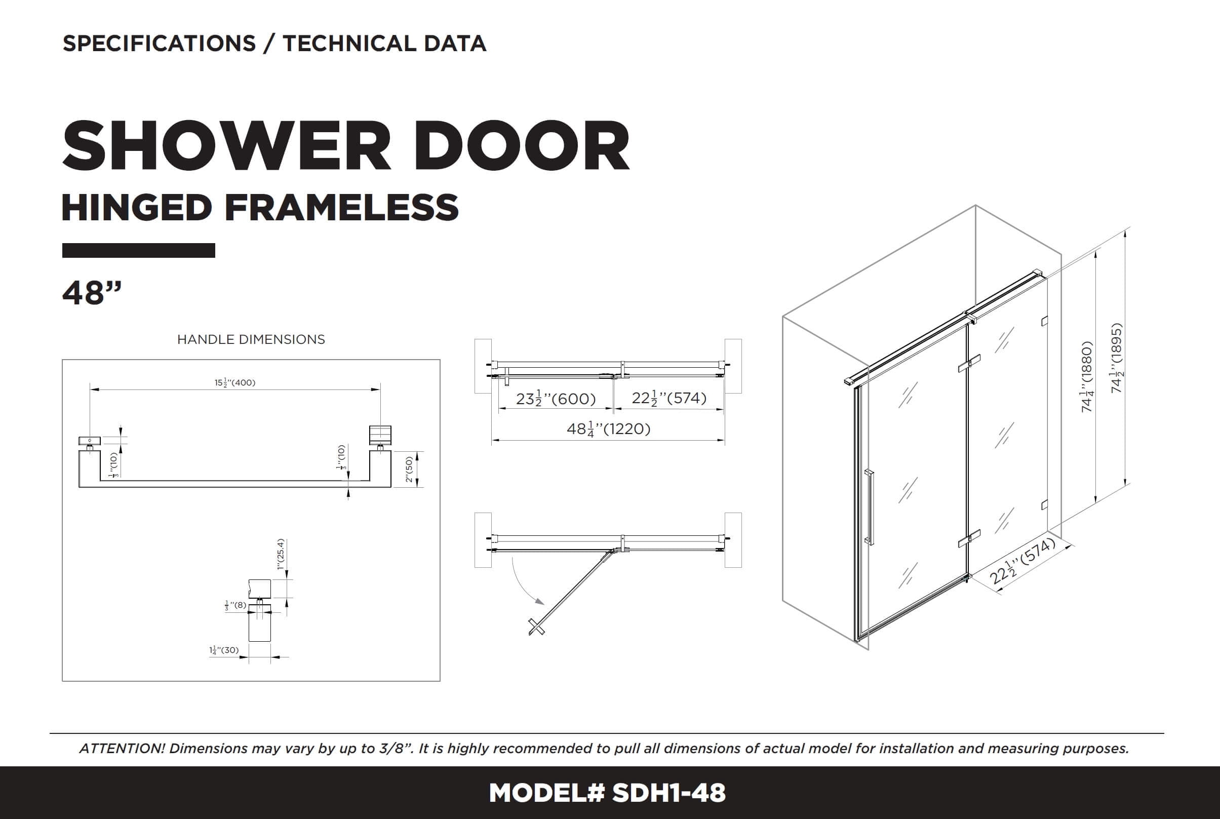32" X 74" Frameless Shower Glass Panel - 8mm Tempered, Brushed Gold Clamps, Walk-in Shower Screen