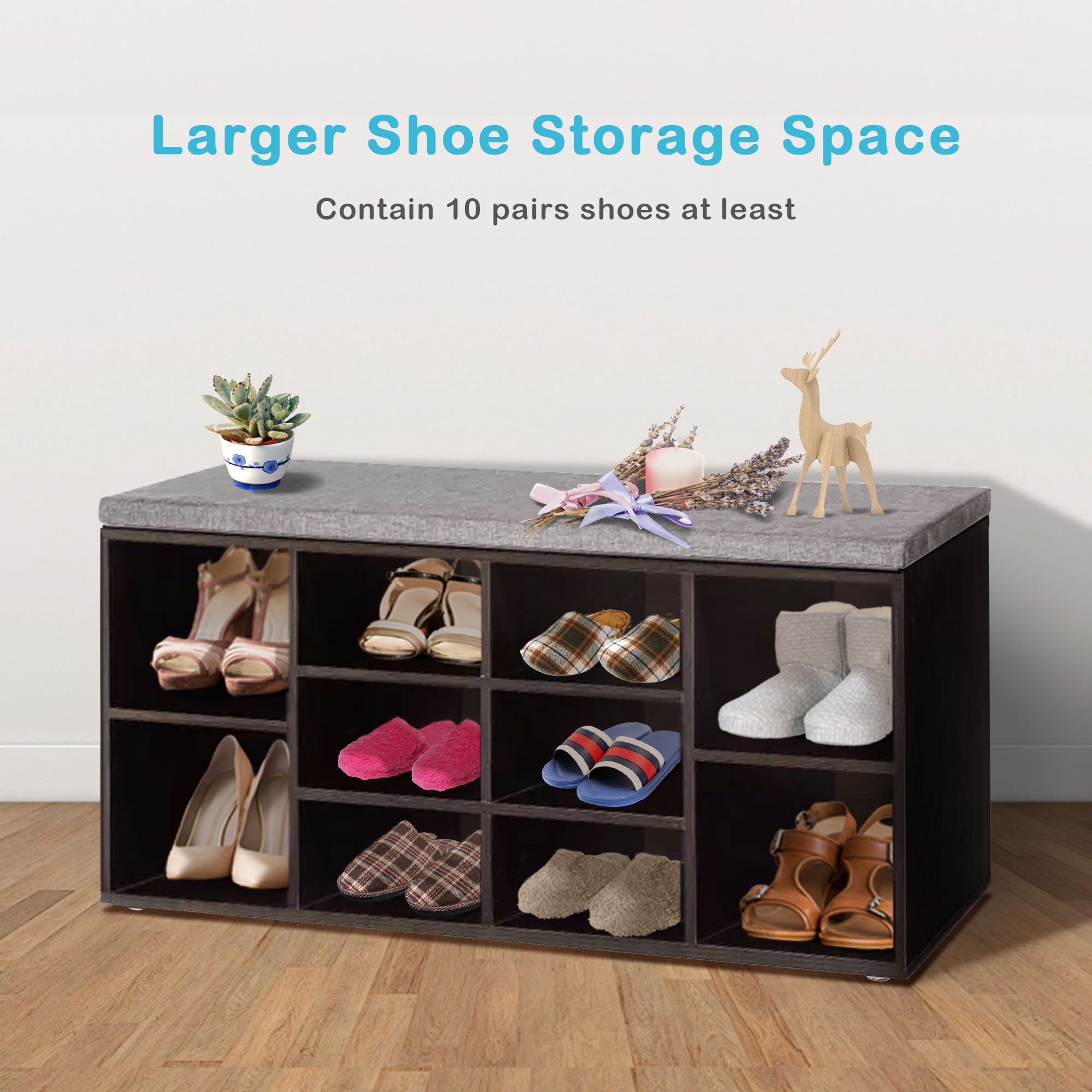 Shoe Bench Storage Bench with cushion, Entryway Bench with Storage, 10 Compartments Shoe Organizer with 3-Tier Shoe Rack, Adjustable Shelves Shoe Storage for Entryway Hallway Bedroom, Black