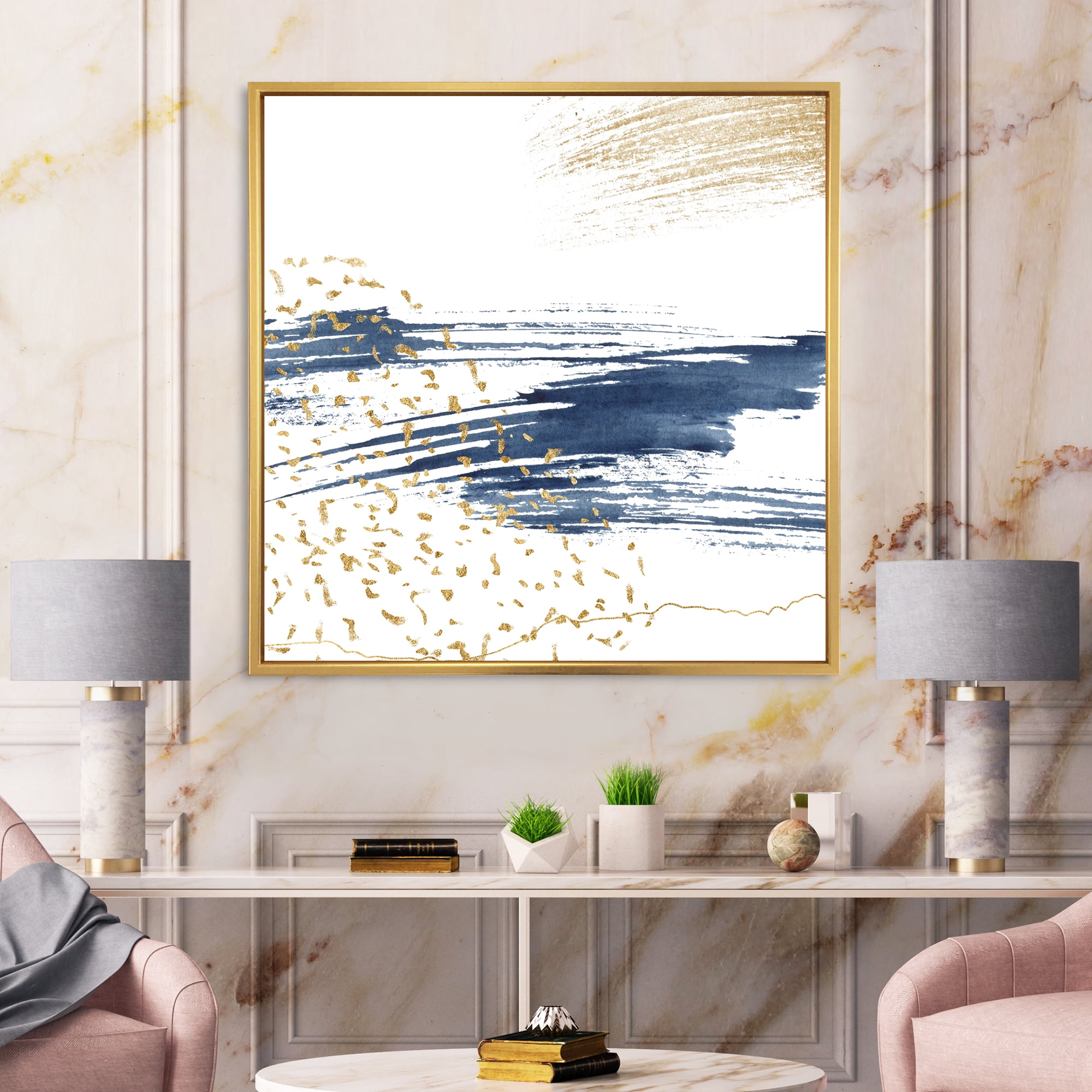 Designart 'Gold and Dark Blue and Abstract I' Modern Framed Canvas Wall Art Print