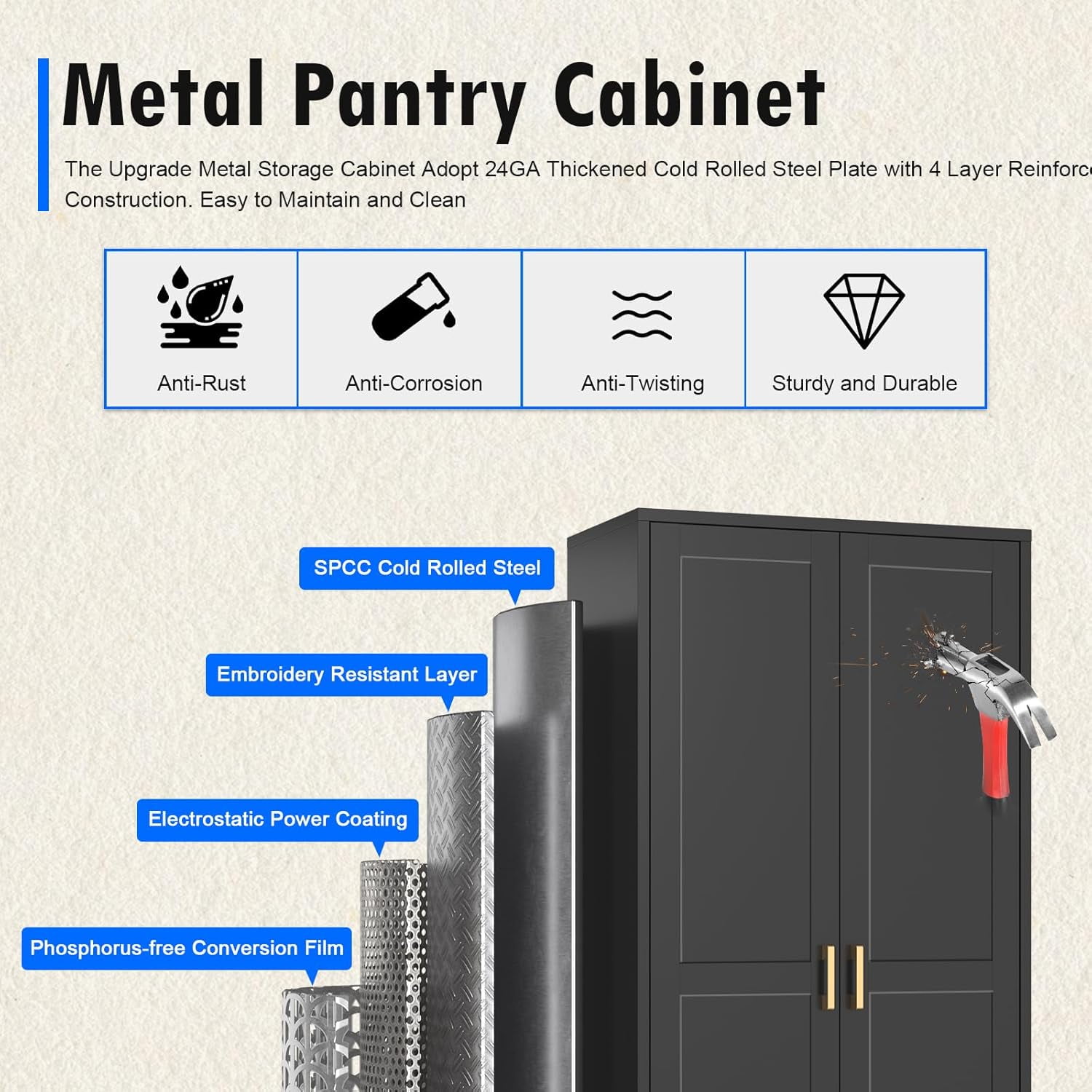 Polup 60'' Tall Metal Pantry Cabinet Cupboards with Doors Adjustable Shelves Black Cabinet Office