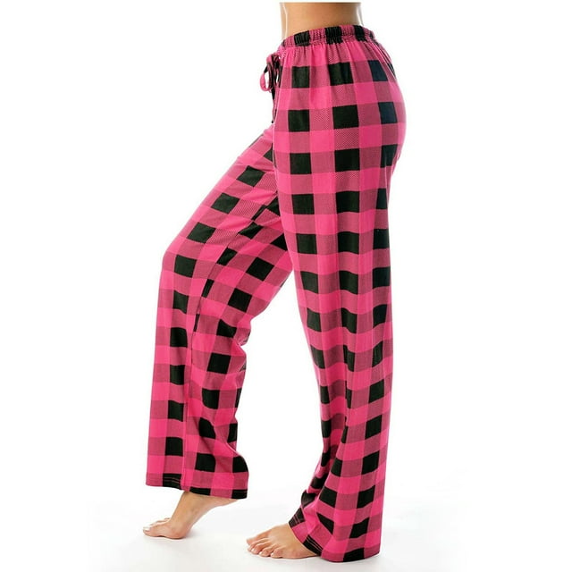 Karight Womens Fashion Plaid Print Casual Elastic Waist Long Wide Leg Pants