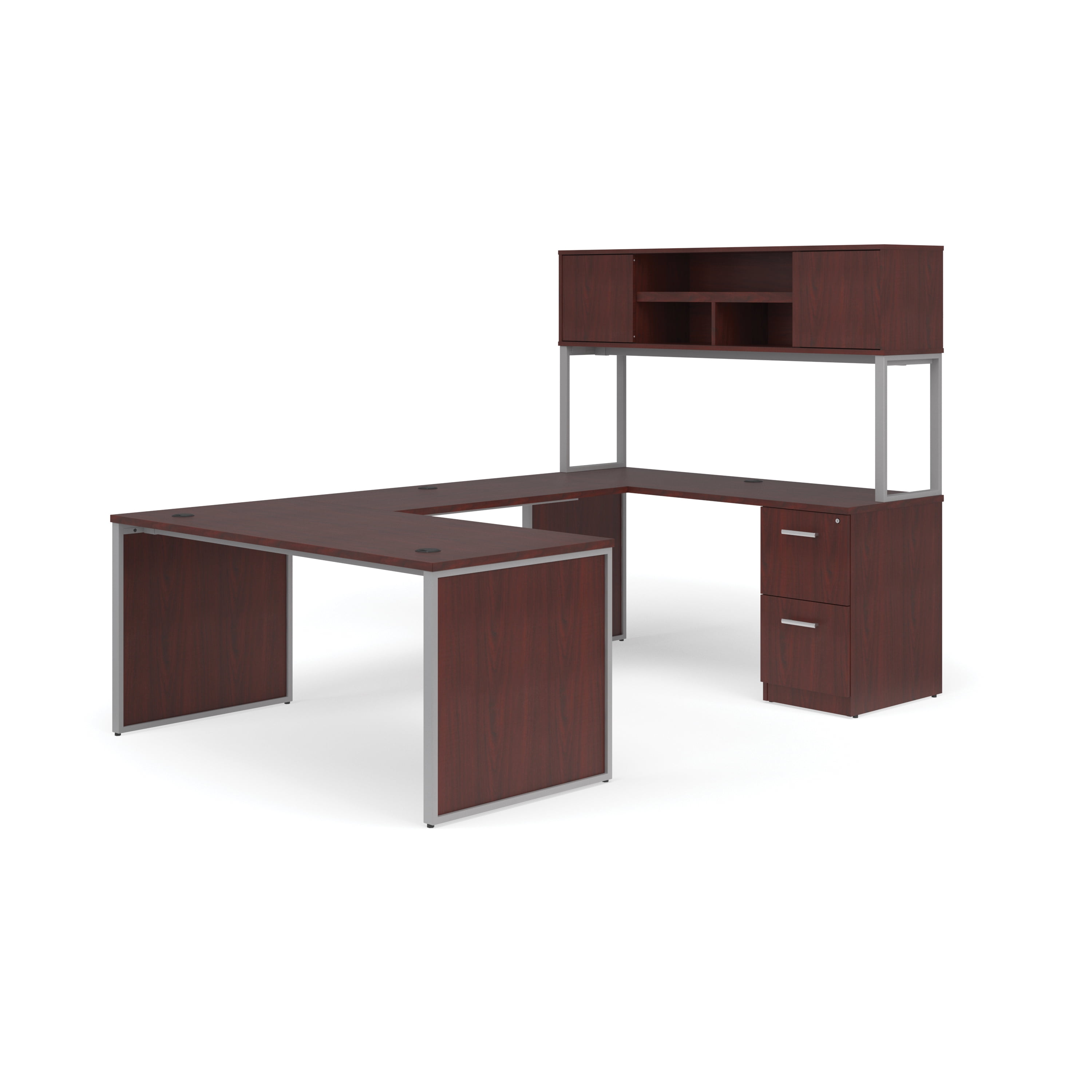 Ofm Fulcrum Series Office Furniture Set 66 U Shaped Desk With Bridge Credenza 2 Drawer Filing Cabinet Hutch Leg Panels In Mahogany