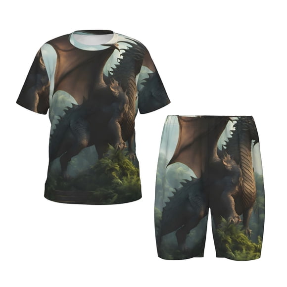 Balery Forest Stone-Colored Dragon Conjunto de Pijama Infantil de Manga Corta con Estampado – Ropa de Dormir de Algodón Suave-Small