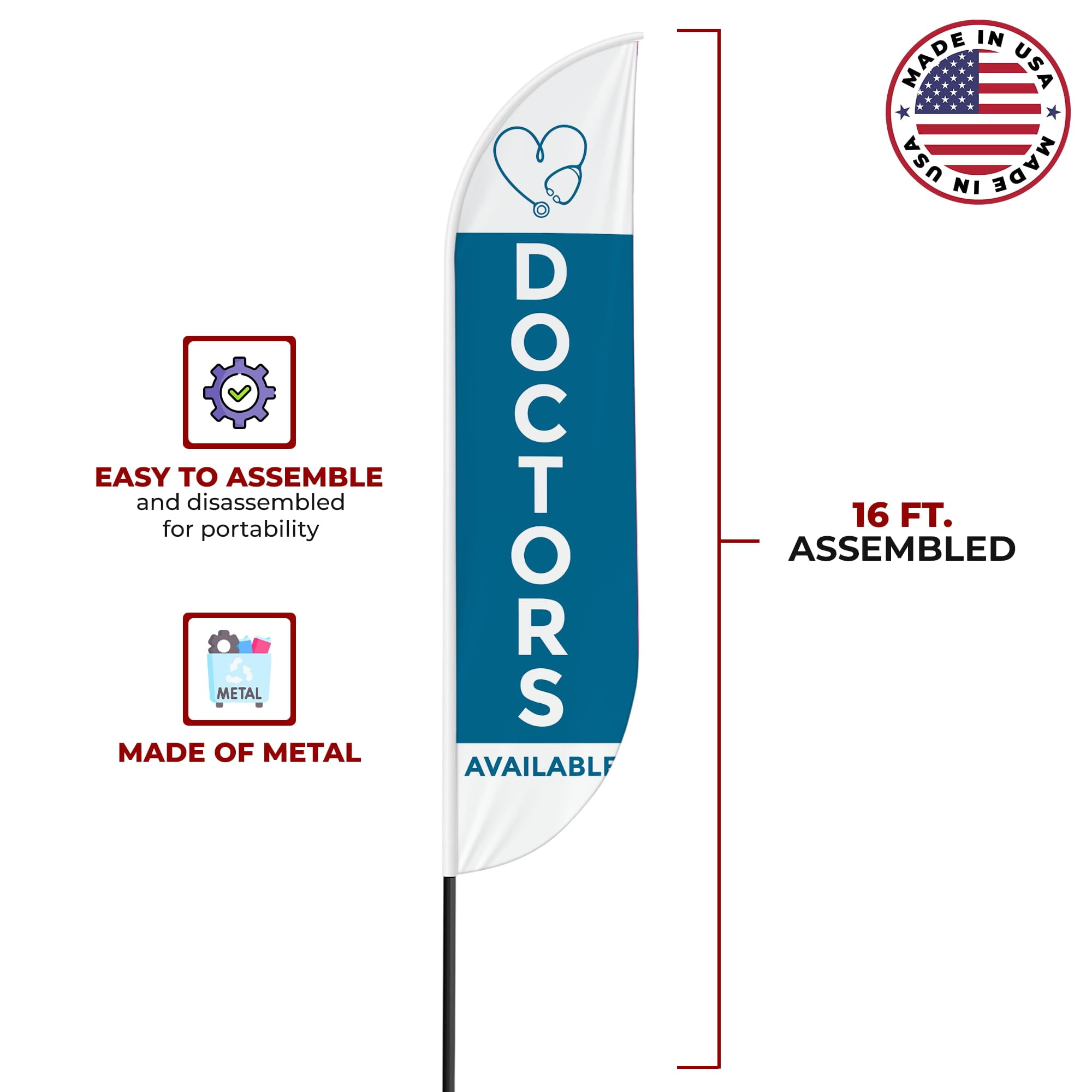 Doctors Available Sign feather flag for Outdoor by Mavis Print | 11.5 FEET Long Polyester Outdoor Banner Flag | HD Print Swooper I Flag Only to Promote Medicine| Made in USA I Flag Only