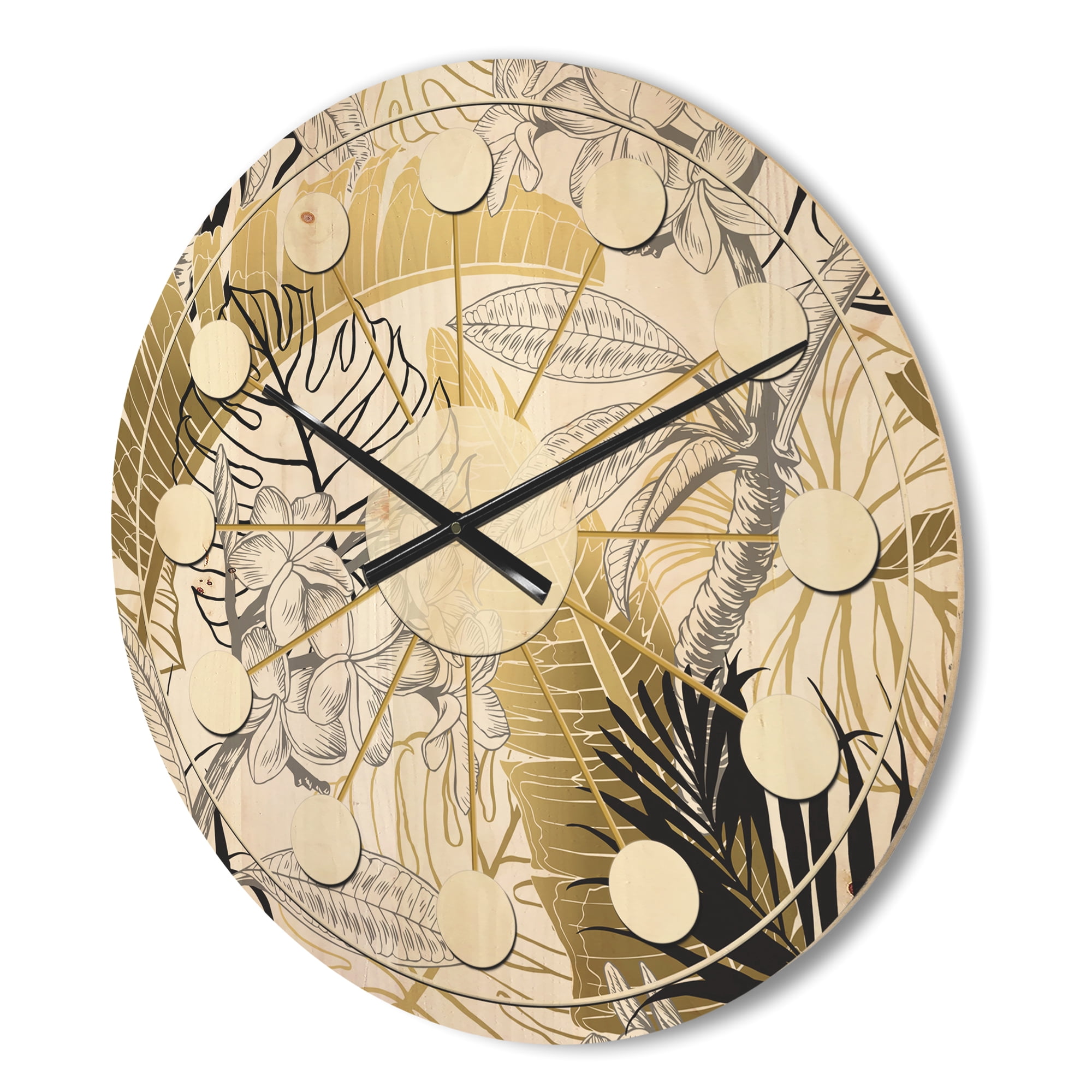 Designart 'Golden Tropical Leaves Pattern I' Mid-Century Modern Wood Wall Clock