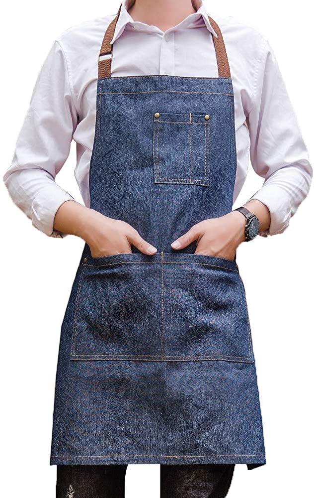 UK Luxury Navy Blue Denim Apron with Front Leather Decoration and Pockets 