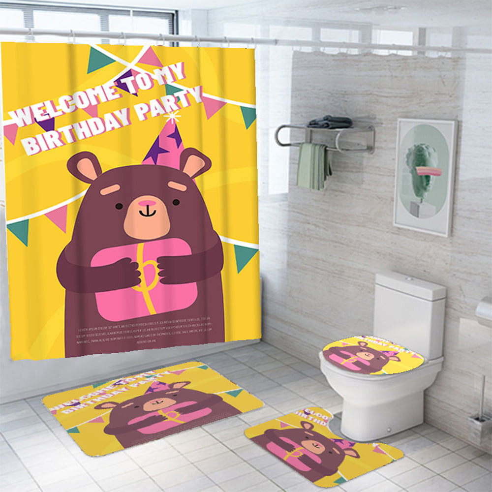 Bear Shower Curtain Set Bathroom Rug Thick Non-Slip Toilet Lid Cover Bath Mat 