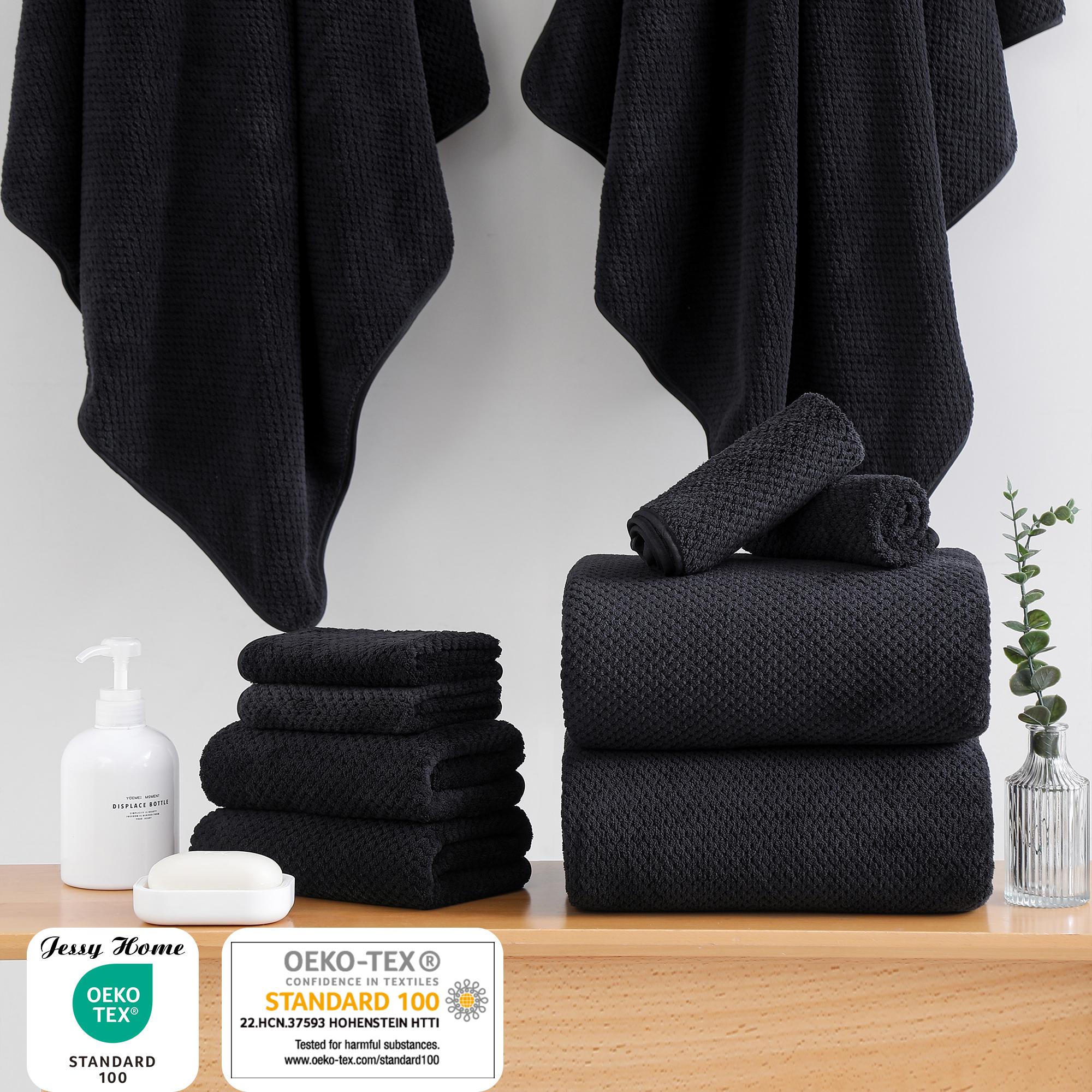 Jessy Home 2 Pack-16"x31" Black Hand Towels Set Ultra Soft 200 GSM Hand Towel Set