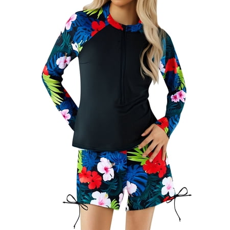 SonxaHe Bathing Suit for Big Girl Two Piece Tropical Print Zip Long Sleeve Top Shorts Children Summer Training Swimsuits Black Size 12-13 Y