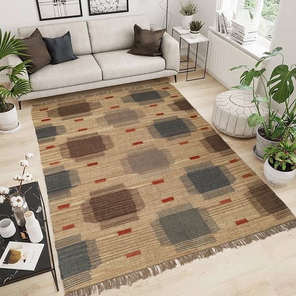 Kilim Wool Jute Rug – Handwoven Southwestern Area Rug with Tribal Geometric Pattern & Fringe 8 X 10 FEET