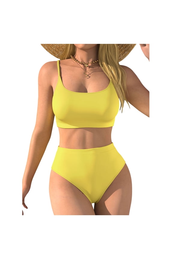 High Waisted Bikini Sets for Women Sporty Two-Piece U Neck Slim Fit Bathing Suit High Cut Cheeky Solid Color Swim Suit