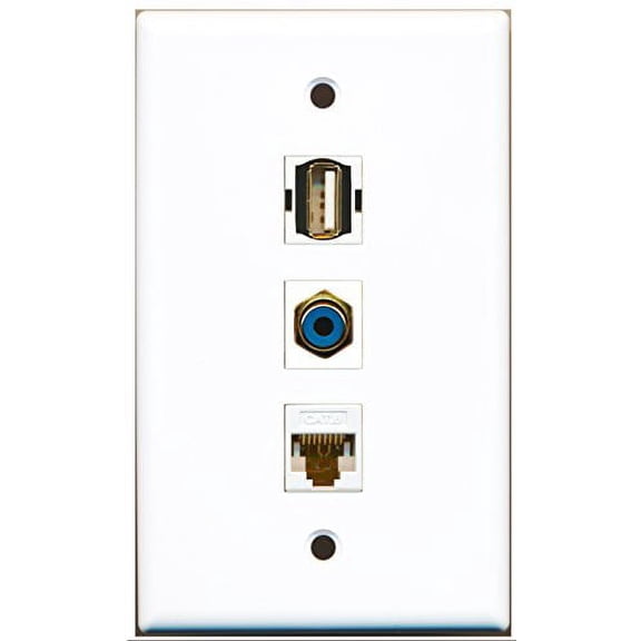 RiteAV - 1 Port RCA Blue and 1 Port USB A-A and 1 Port Cat6 Ethernet White Wall Plate