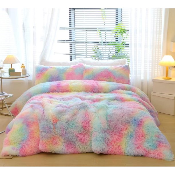 Rainbow Plush Comforter Set Queen Size for Girls Kids Women Fluffy