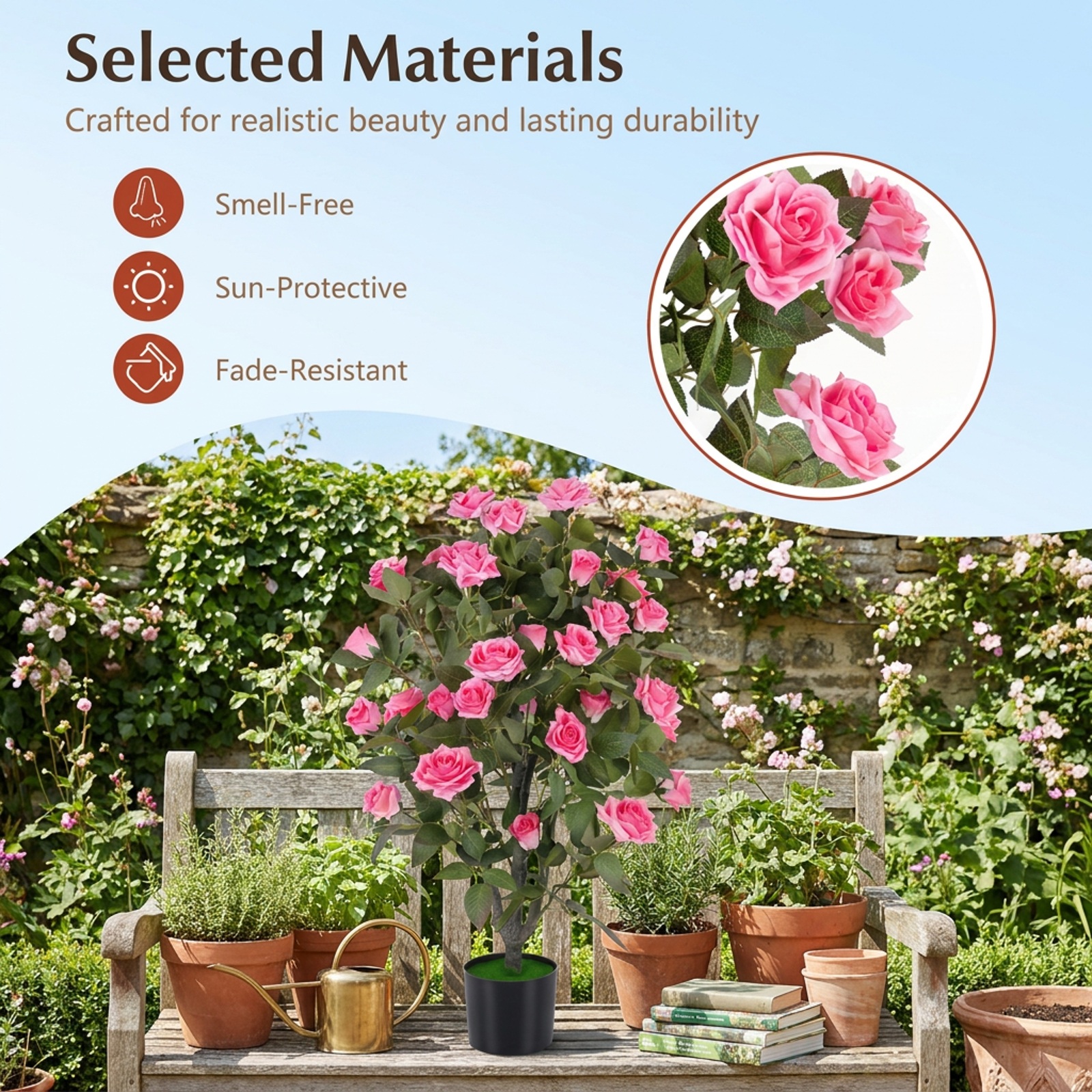 Vebreda Artificial Plant Decor, 35.5" Artificial Rose Tree with Blooming Flowers and Green Leaves for Indoor, Beautiful & Lifelike Rose Tree