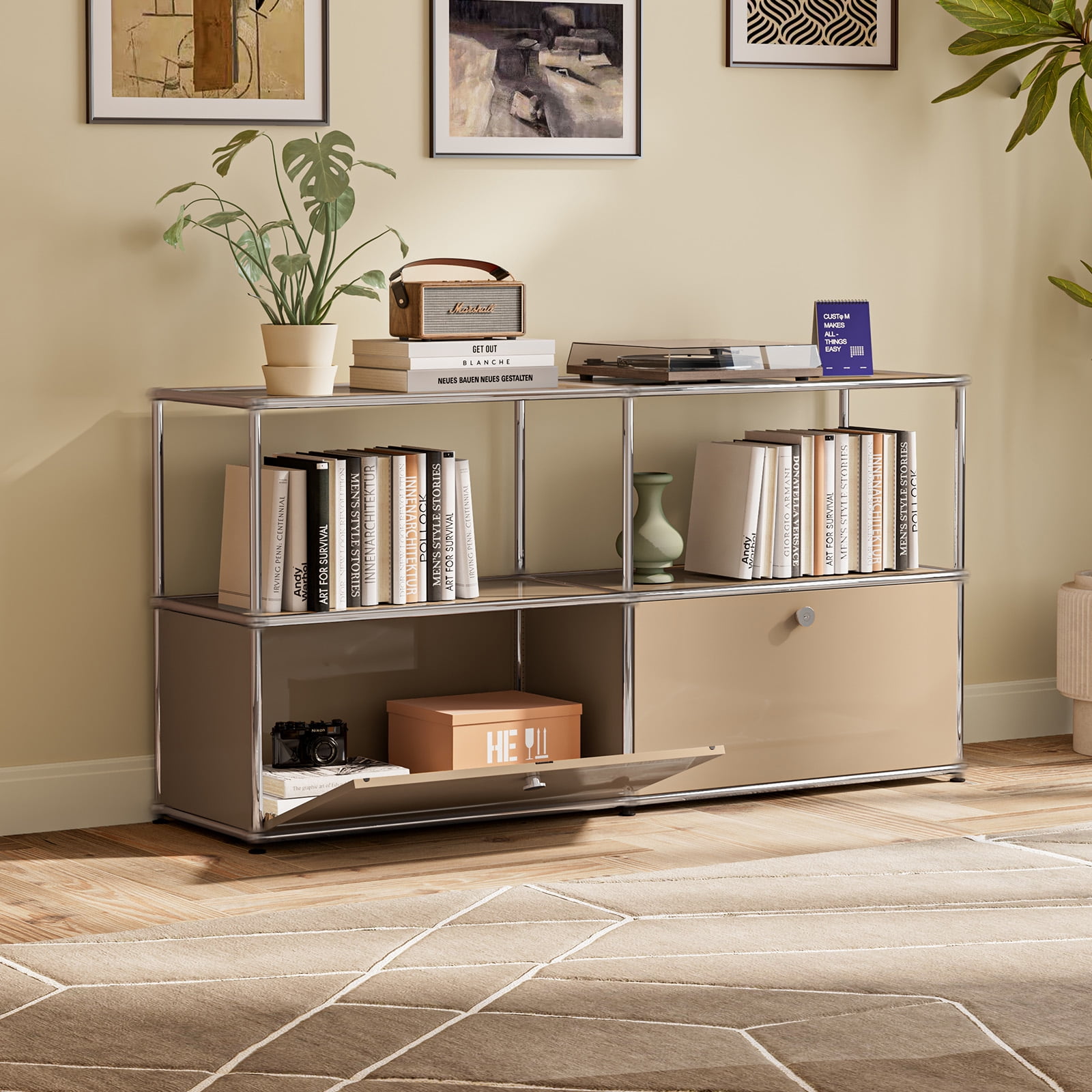 Modern Accent Cabinets with 2 Doors and Shelf,Freestanding Metal Storage Cabinet for Living Room,Brown