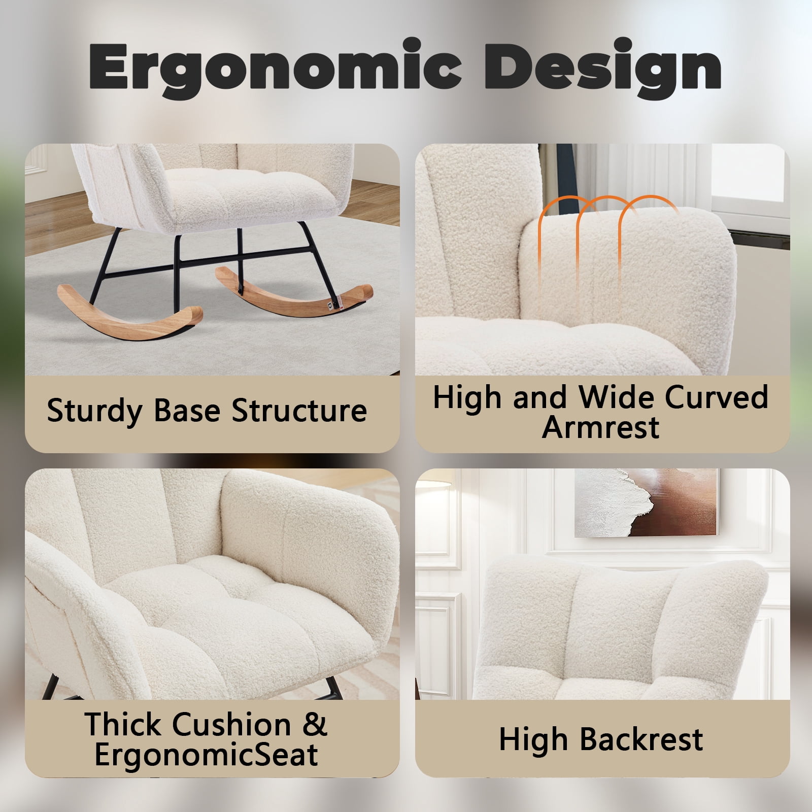 SENCHO GINSYTALIOR Nursery Rocking Chair Teddy Upholstered Glider Rocker,Rocking Accent Chair Padded Seat with High Backrest ,Solid Wood Legs for Nursery Bedroom Living Room