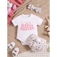 thumbnail image 2 of Suealasg Infant Girl Easter 3Pcs Outfit 3M 6M 9M 12M 18M Newborn Girls Short Sleeve Letter Print Romper + Elastic Waist Flower Print Shorts + Bow Headband Baby Girl Summer Clothing, 2 of 9