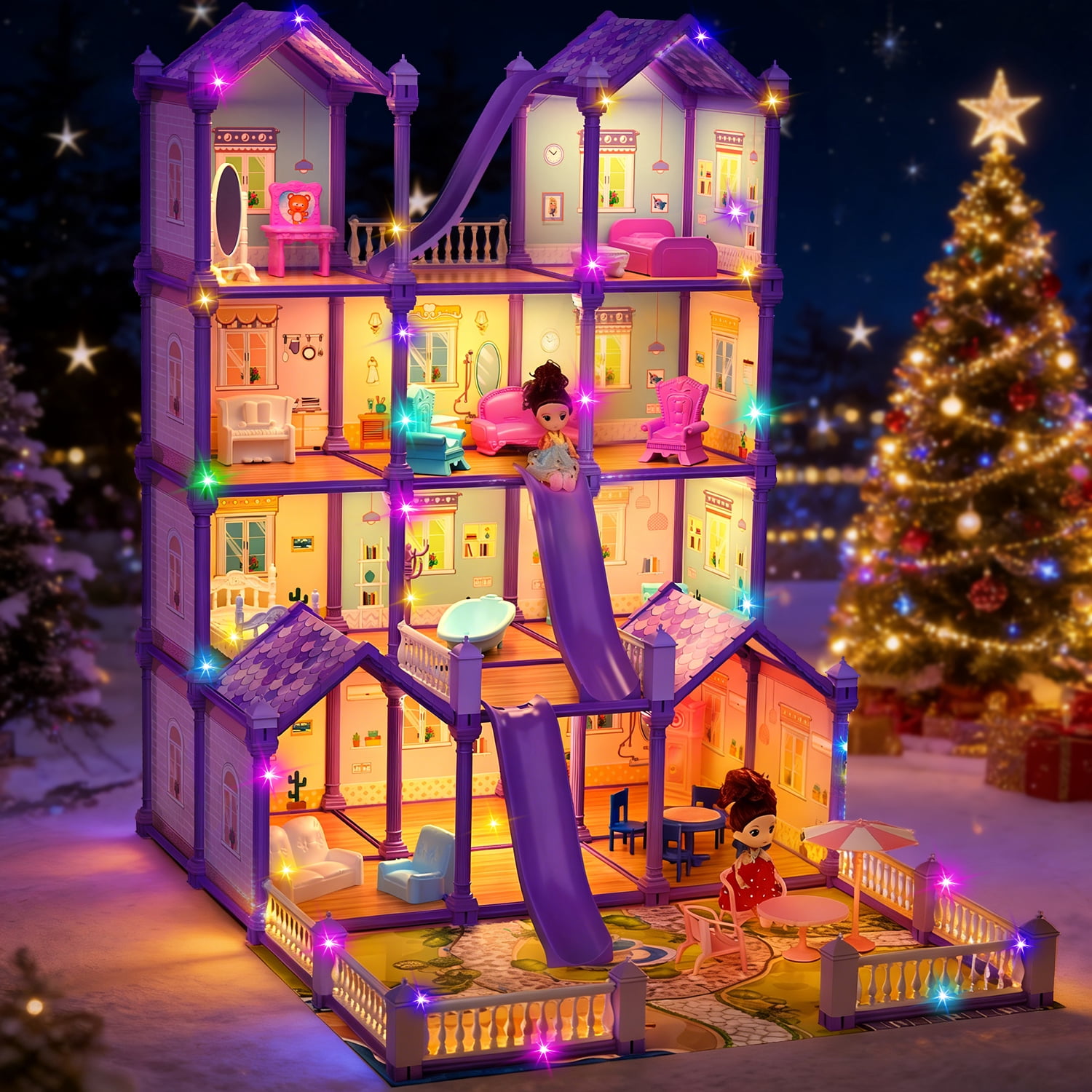 JoyStone Play Dollhouse with Doll Toy Figures, 14 Rooms Furniture and Colorful Lights, Creative Doll House Gift for Girls Ages 3+, Assemble Required, Purple