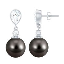 Rosec Jewels Tahitian Pearl Drop Earrings with Moissanite for Women - 5X7 mm - AAA Grade, 10K White Gold