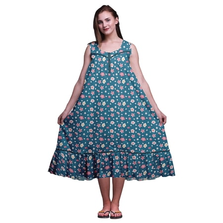 Bimba Dark Teal Blue Dot Heart & Flower Sleeveless Cotton Nightgowns For Women Printed Mid-Calf Length Sleepwear X-Small