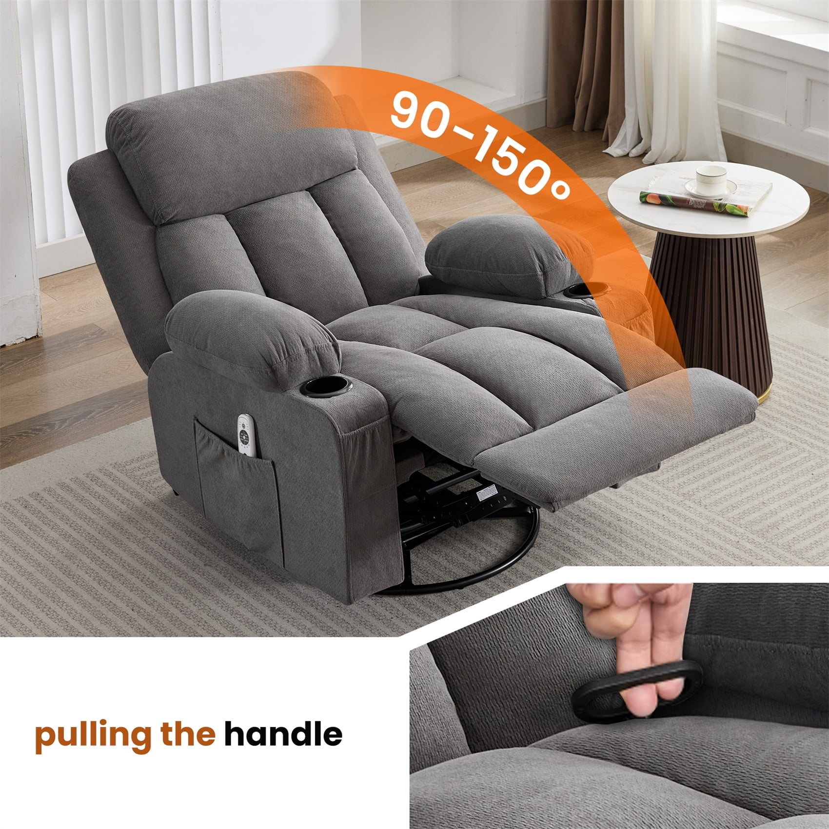 Alvantor Swivel Recliner Chair with Massage & Heat for Adults, Single Rocker Sofa with Cup Holders for Bedroom Home Theater Gray