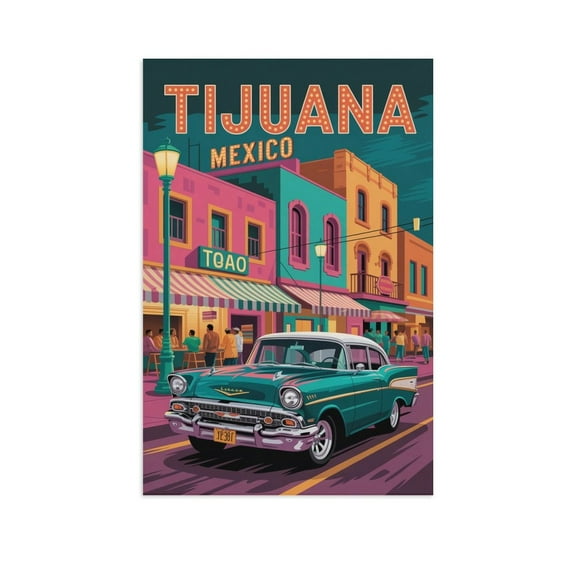 Tijuana Vintage City Travel Poster with Vibrant Cars, Lights, And Retro Aesthetics Print Poster