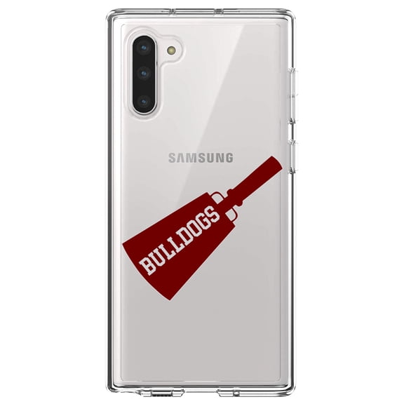 DistinctInk Clear Shockproof Hybrid Case for Samsung Galaxy Note 10 (6.3" Screen) - TPU Bumper, Acrylic Back, Tempered Glass Screen Protector - Bulldogs Cowbell - Maroon, Gray