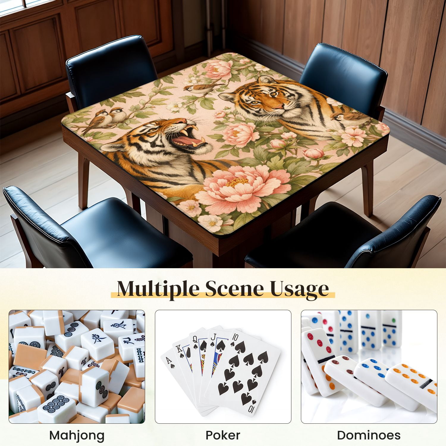 Mahjong Mat 31.5" x 31.5" Majestic Tigers Blooming Peonies Birds Floral Garden Non-Slip Noise Reduction Mahjong Tiles Table Cover for Dominoes Poker Card Board and Tile Games