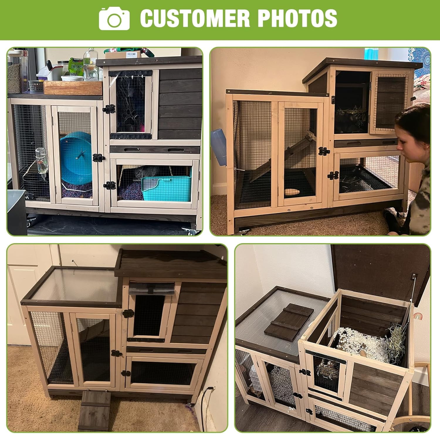 MEDEHOO Rabbit Hutch Wooden Rabbit Cage on Wheels 2 Story Guinea Pig Cage with Urine Guards,Pull Out Tray(Coffee Color)