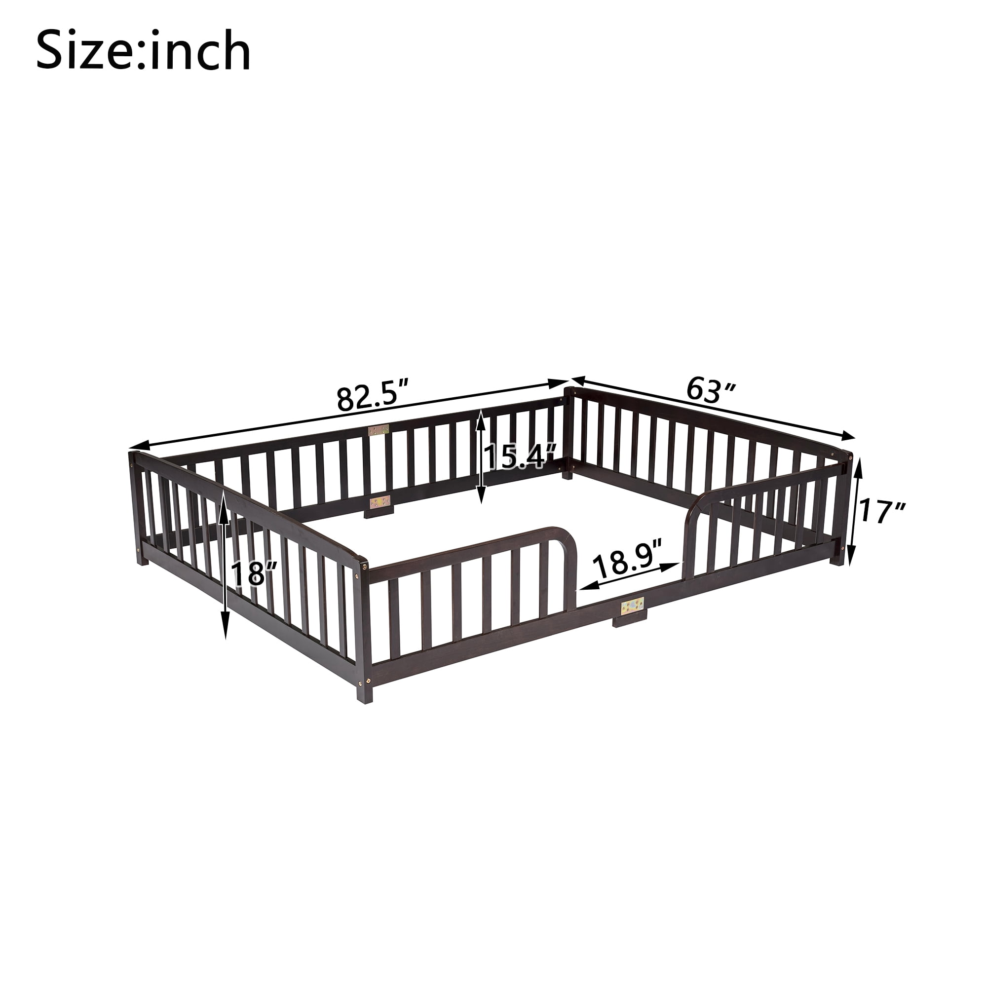 Miniyam Queen Size Kids Floor Bed with Guardrails, Low-to-Ground Montessori Wood Bed, Espresso