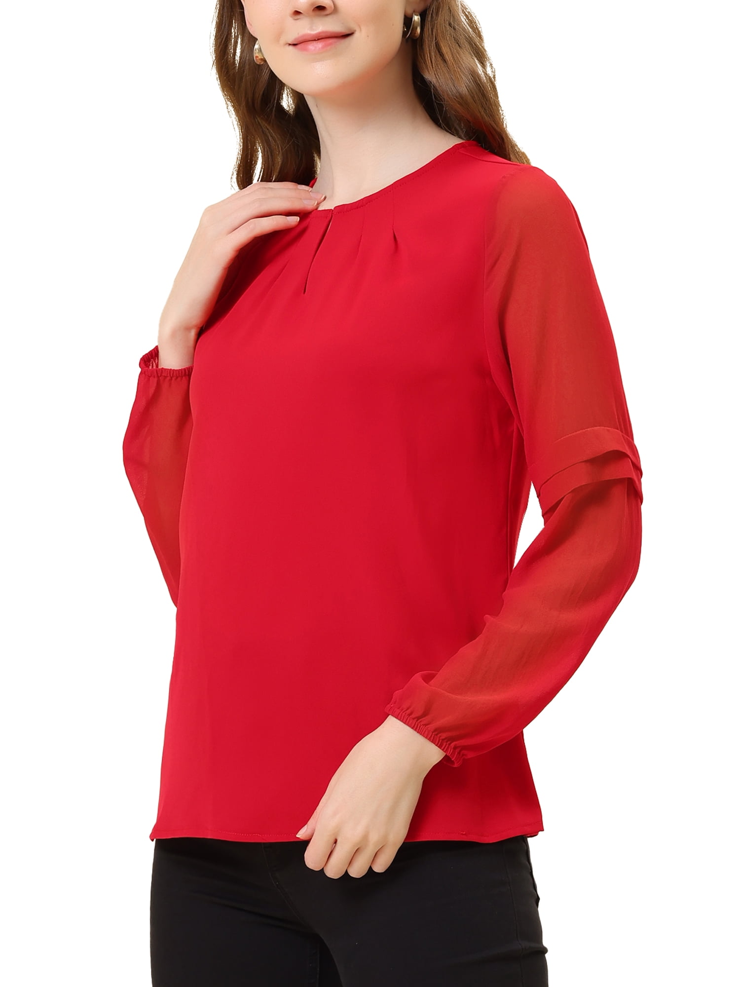DARING DIVA Chiffon Semi Sheer Long Sleeves Keyhole Neck Blouse M Red
