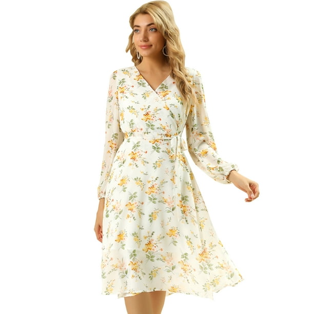 Vestido cruzado de gasa fluido informal de manga larga con cuello en V floral boho para mujer blanco M