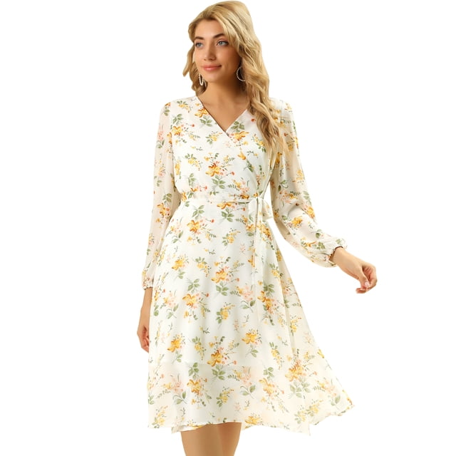 Vestido cruzado de gasa fluido informal de manga larga con cuello en V floral boho para mujer blanco M