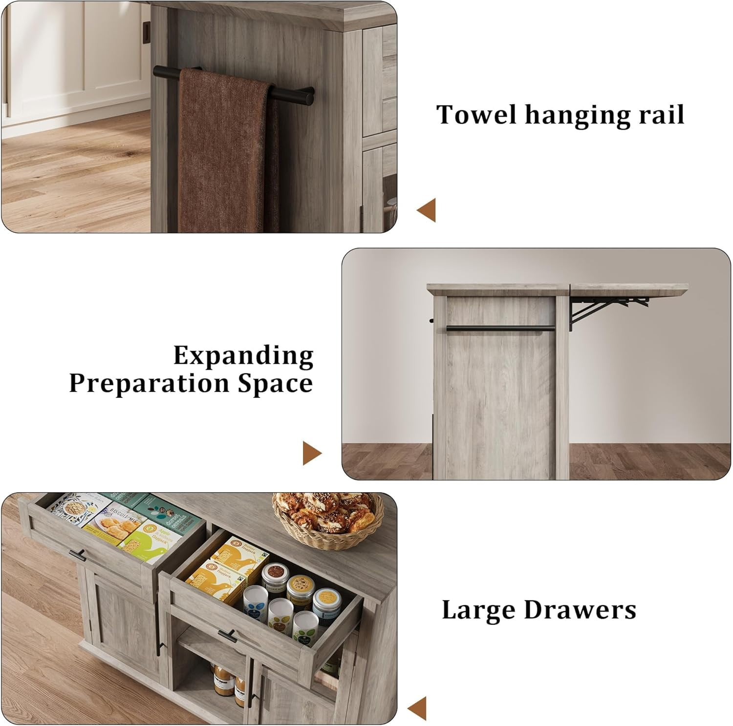 Rolling Kitchen Island Cart with Storage, Foldable Drop Leaf Top, 2 Glass-Door Cabinets, 2 Large Drawers, Spice Rack & Towel Bar, Mobile Kitchen Cart on Lockable Wheels, Grey