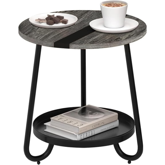 2 Tier Round Coffee Table with Metal Tray and Wood Top Gray