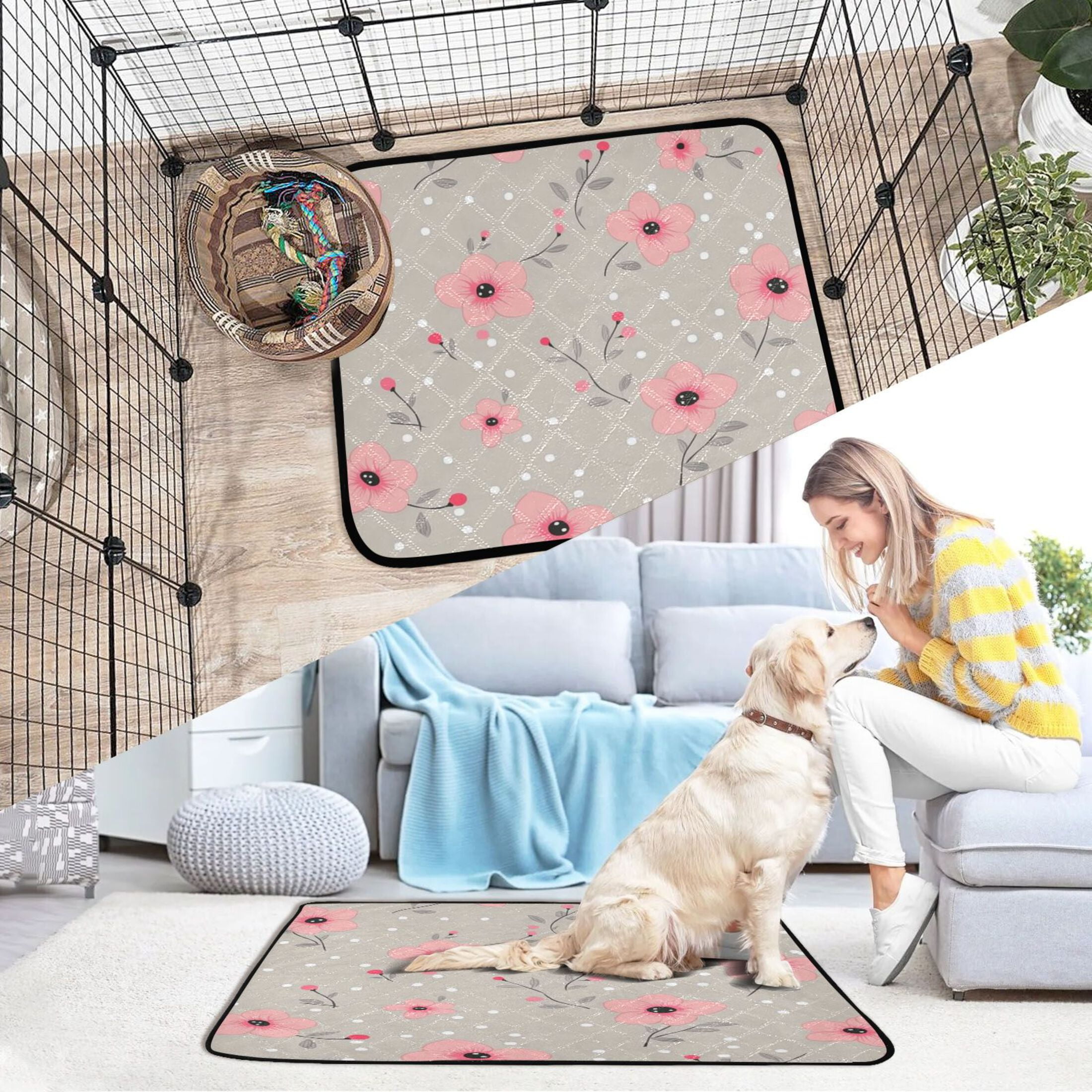 Washable Pet Pee Pads with Super Absorbent Reusable Training Pads for Dogs & Cats Pink Flowers Seamless Pattern