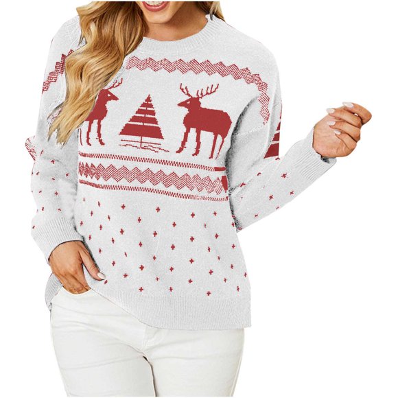 RKSTN Chandail de Noël Laid pour Femmes Mode Automne 2023 Chandails Tricotés à Manches Longues Imprimés de Noël Chandail Col Rond Décontracté Hauts