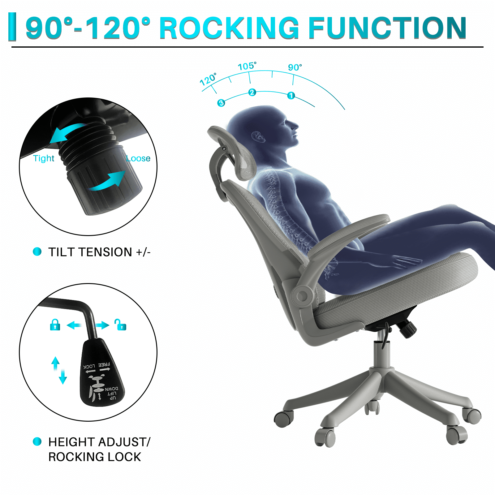 Ninecer Ergonomic Office Chair, Computer Desk Chair with Wheels, High Back Mesh Office Chair with Adjustable Lumbar Support, Headrest, Flip-Up Armrests, Gray